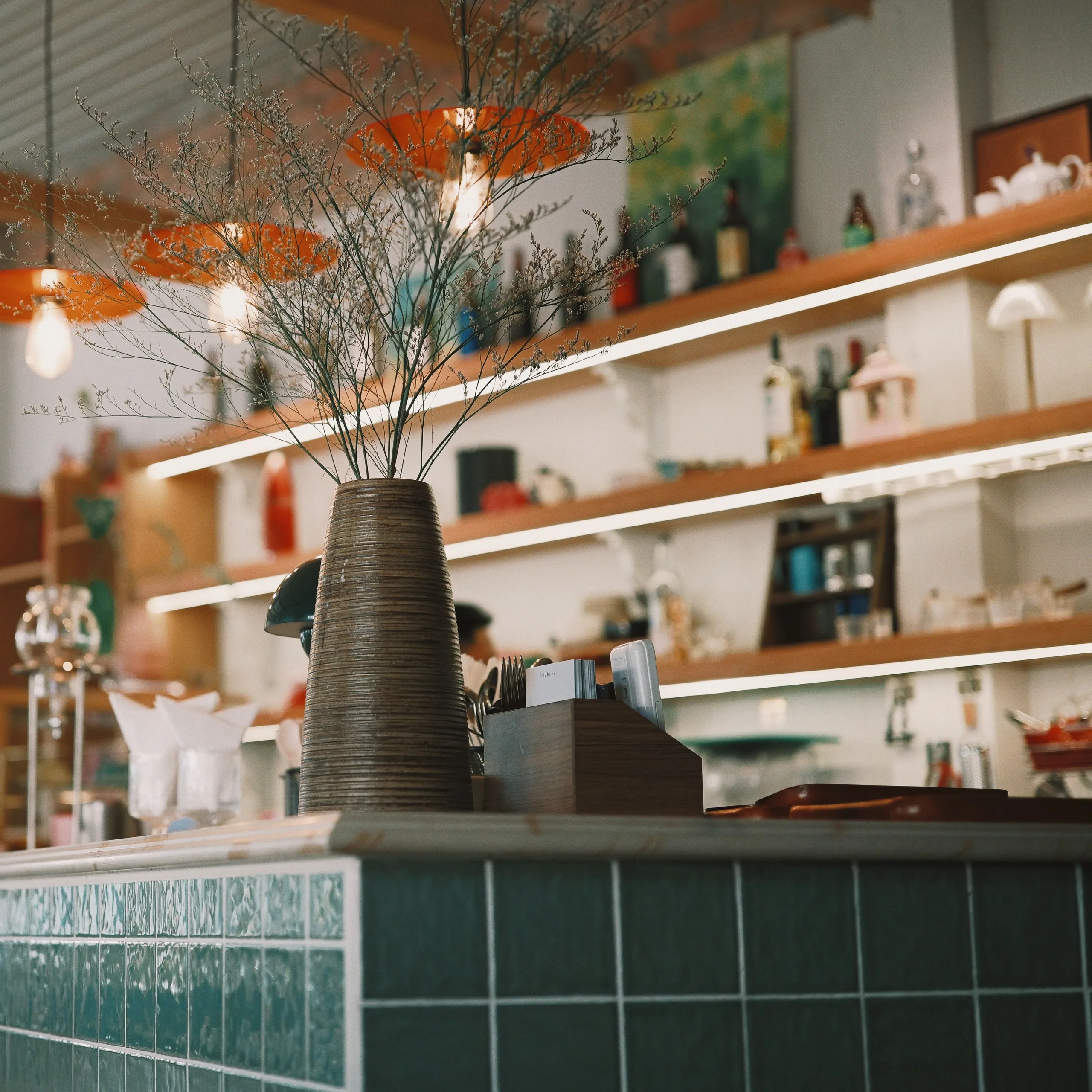A cozy shop counter